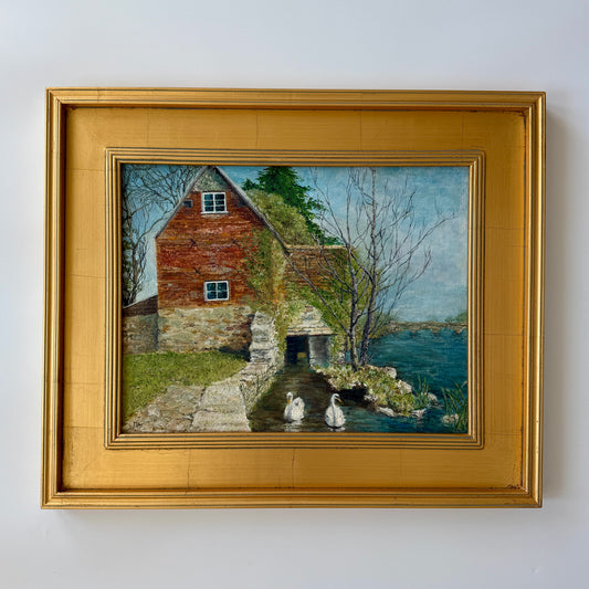 Vintage Swans on the Water Mill Painting Oil Painting in Gold Frame