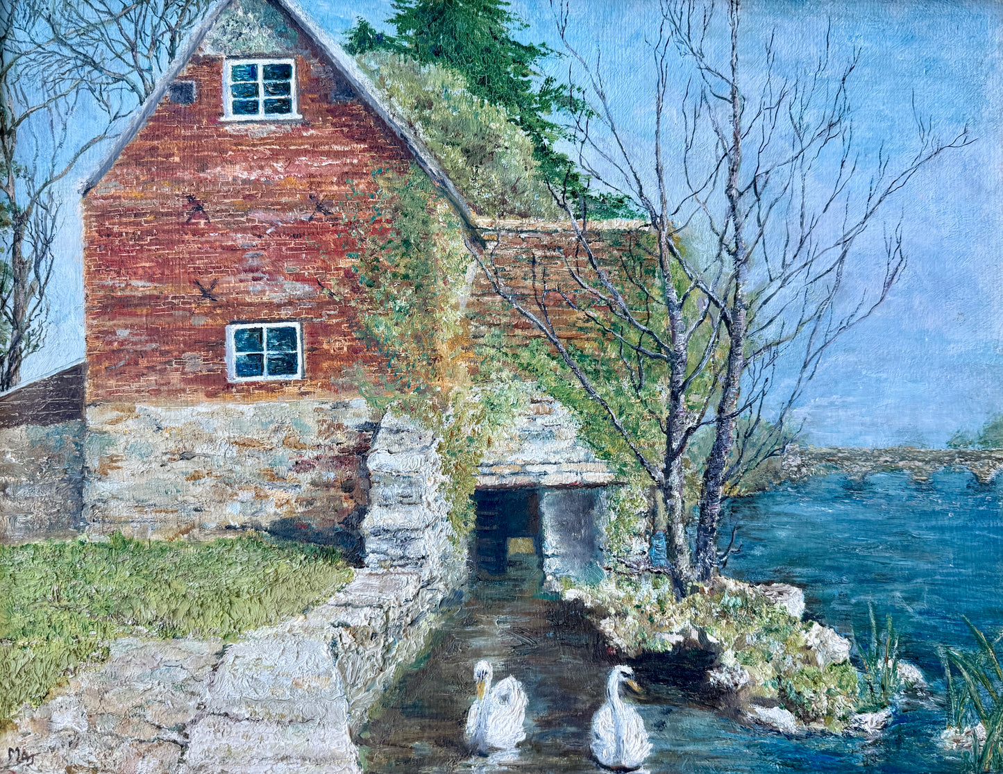 Vintage Swans on the Water Mill Painting Oil Painting in Gold Frame