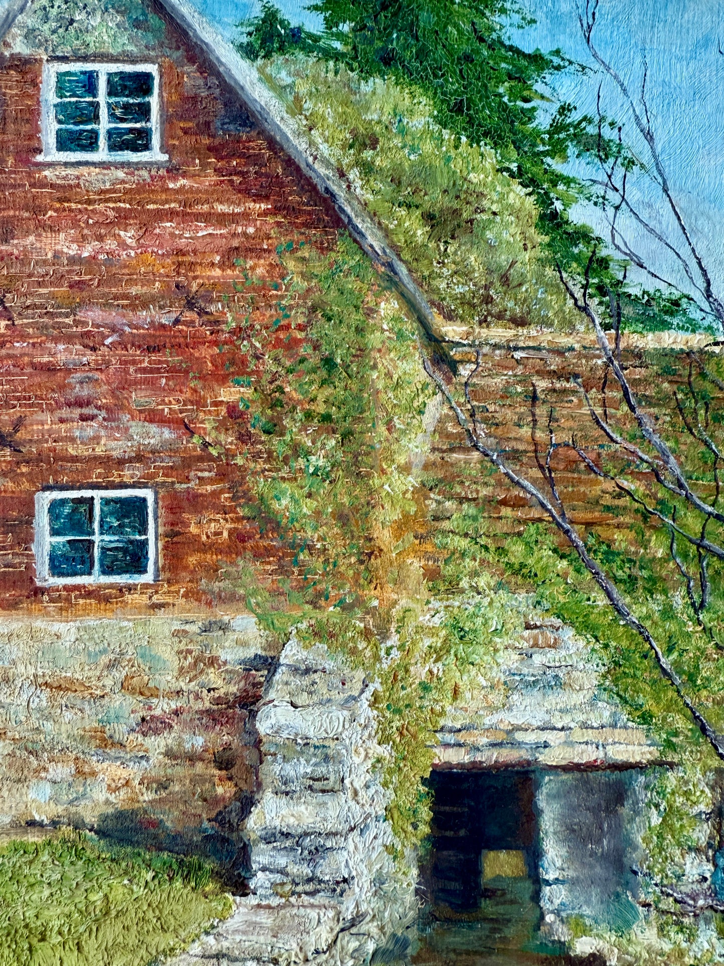Vintage Swans on the Water Mill Painting Oil Painting in Gold Frame