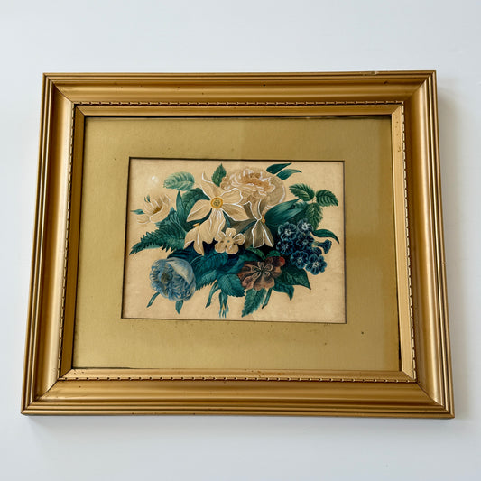 Antique Spring Bouquet Watercolor Painting in Gold Frame