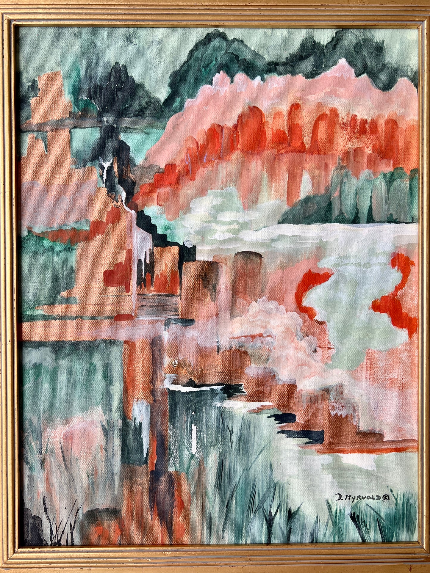 Vintage Abstract Expressionist Landscape in Gold Frame