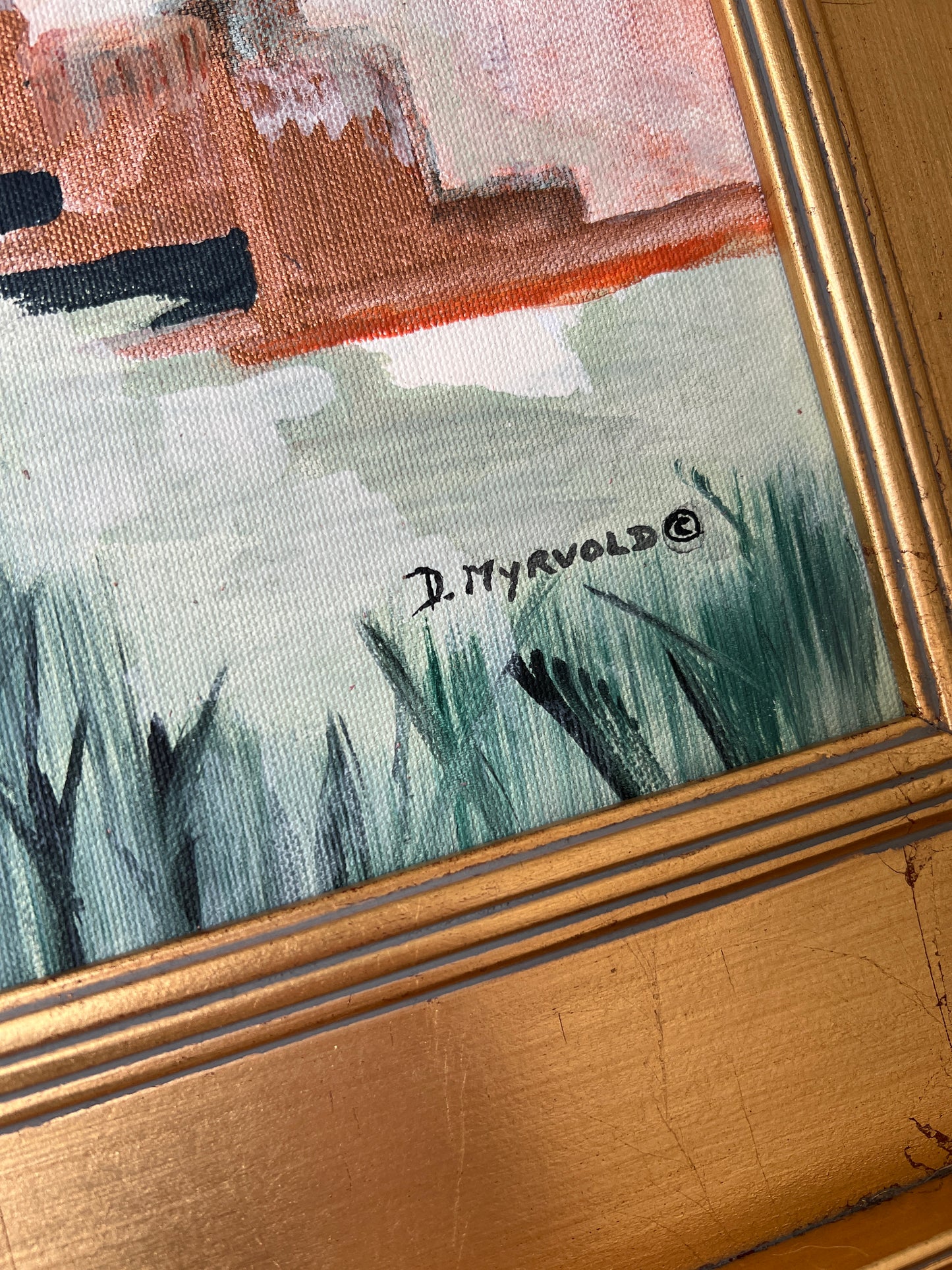 Vintage Abstract Expressionist Landscape in Gold Frame