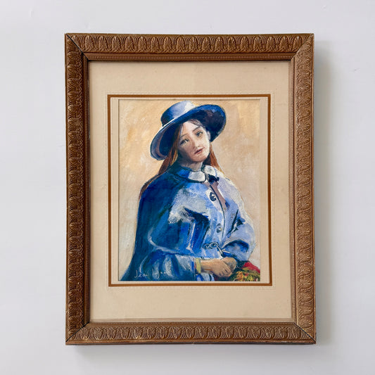 Vintage Portrait of Redheaded Girl in Blue Hat Watercolor and Gouache Painting in Gold Frame