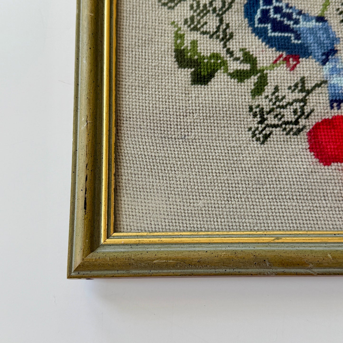 1937 Needlepoint Blue Peacocks and Roses in Blue Green and Gold Frame