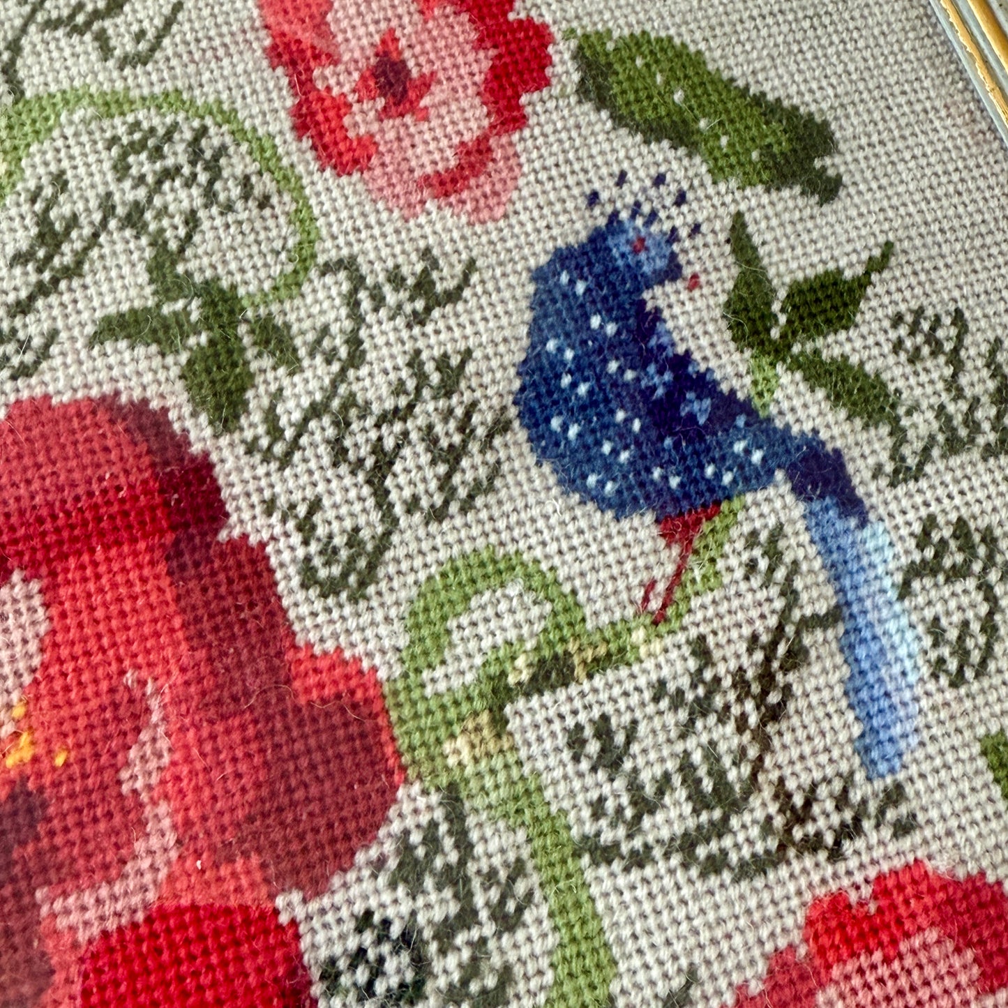 1937 Needlepoint Blue Peacocks and Roses in Blue Green and Gold Frame