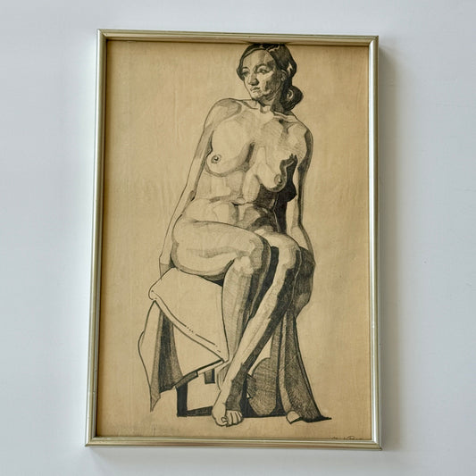 Mid Century Seated Female Nude Portrait Graphite Drawing in Silver Frame