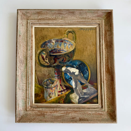 Jean Sauvignier 1947 Ancient Greek French Still Life Nature Morte Oil Painting in Washed Wood Frame