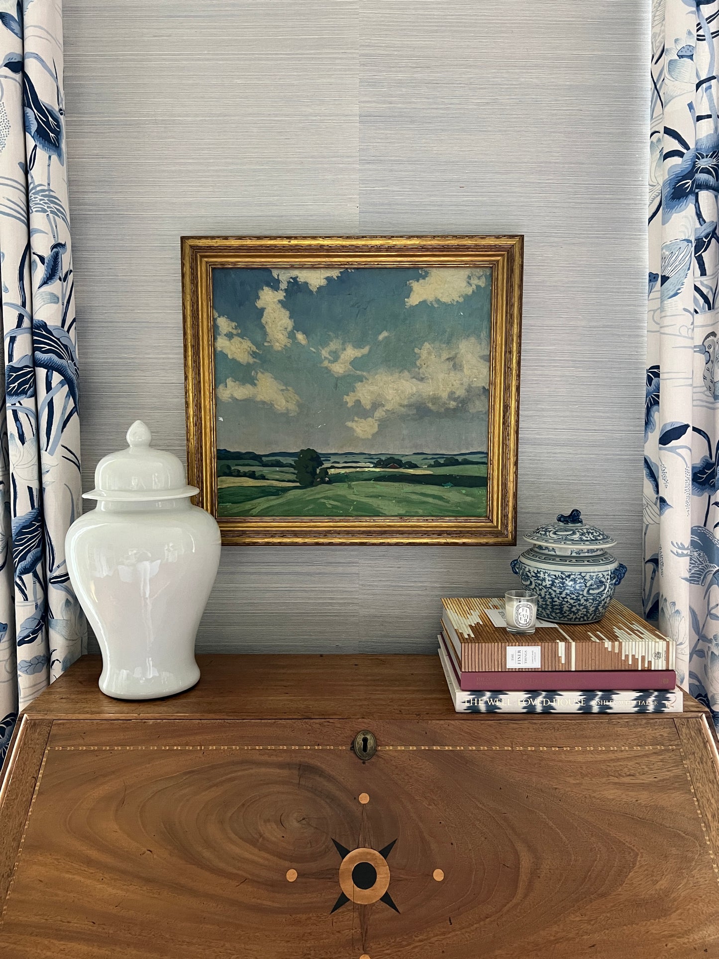 Early 20th Century Blue Skied Country Landscape Oil Painting in Gold Frame