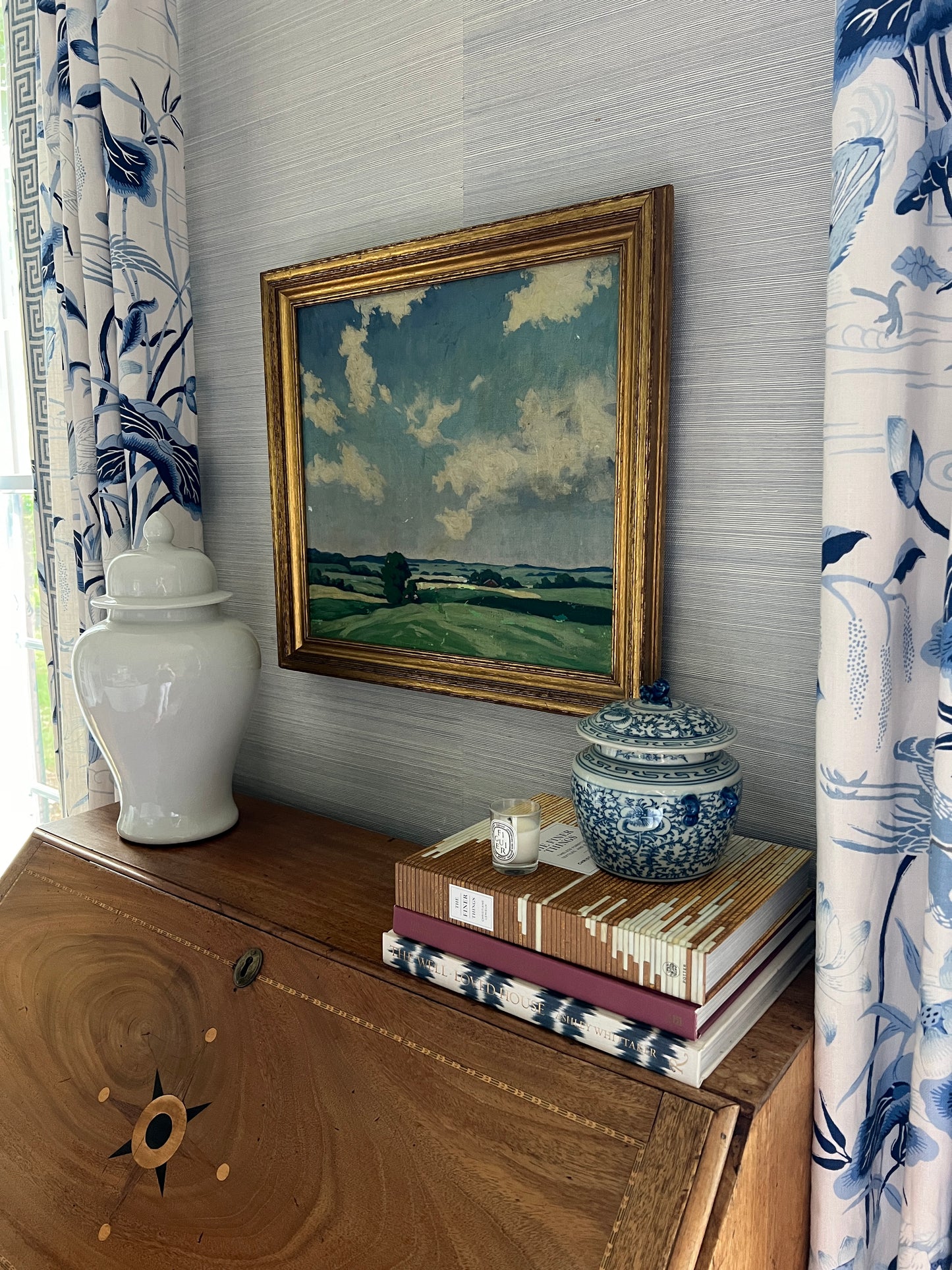 Early 20th Century Blue Skied Country Landscape Oil Painting in Gold Frame