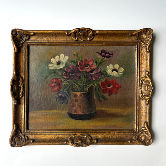 Antique Early 20th century Anenomes in Polka Dot Vase Still Life Oil Painting in Original Gold Frame