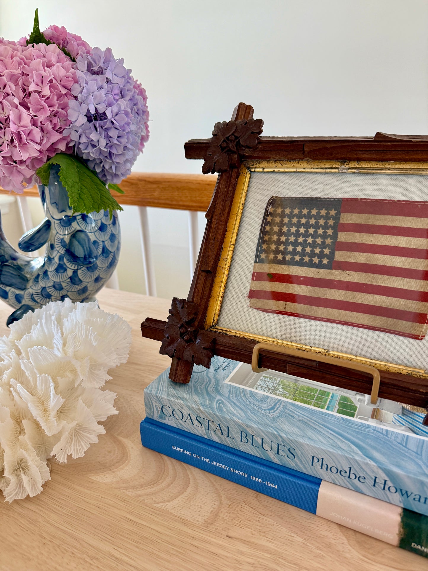 Vintage 48 Star American Flag in 19th C. Oak Leaf Wood Frame