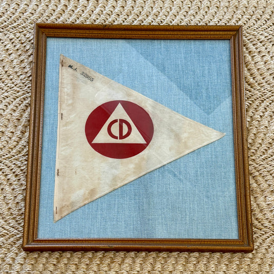 Original WWII United States Civil Defense Flag on Light Blue Tweed in Dark Gold Frame