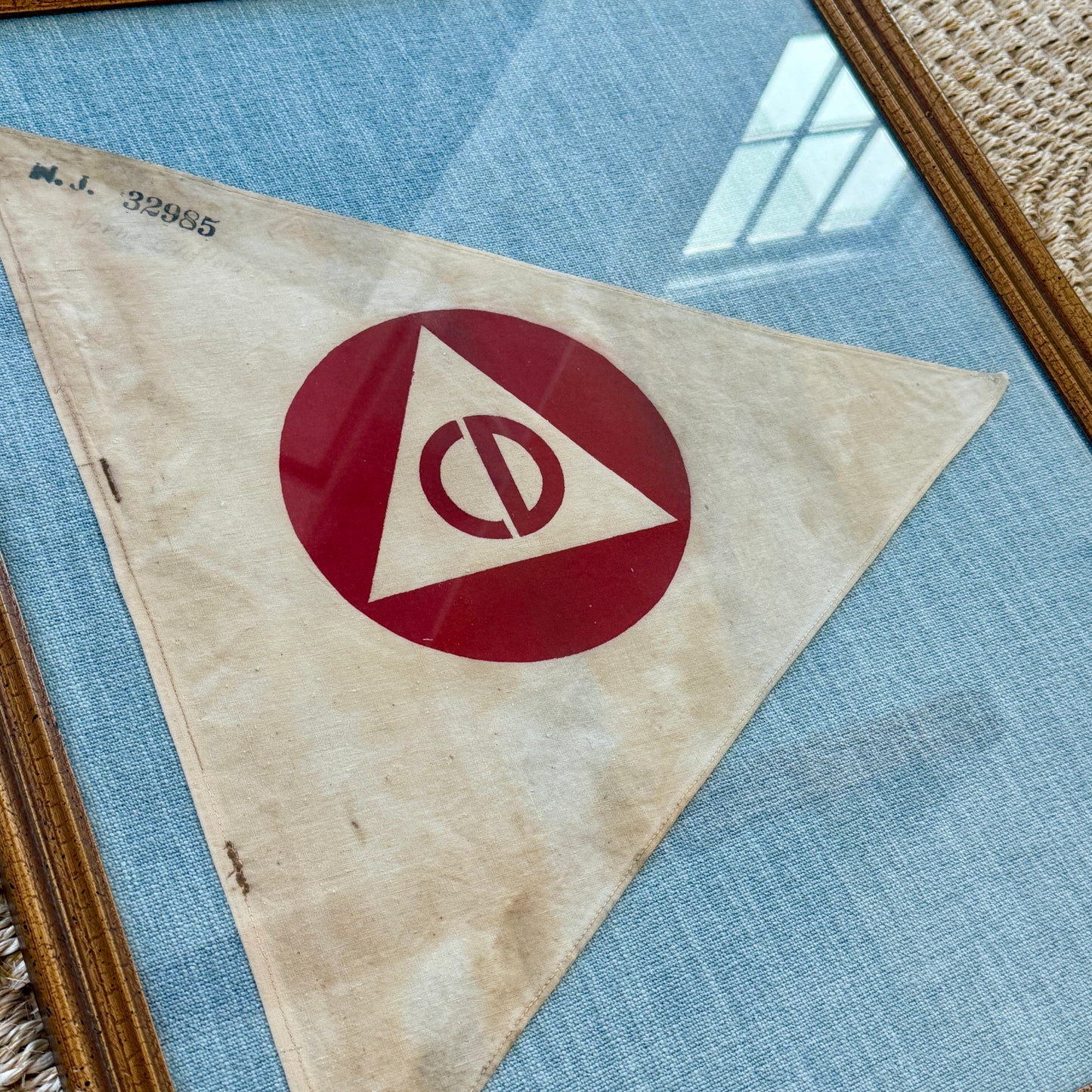 Original WWII United States Civil Defense Flag on Light Blue Tweed in Dark Gold Frame