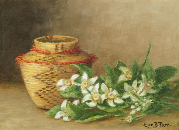 Ellen Frances Burpee Farr Early 20th Century Woven Basket Still Life Oil Painting in Antique Gold Frame