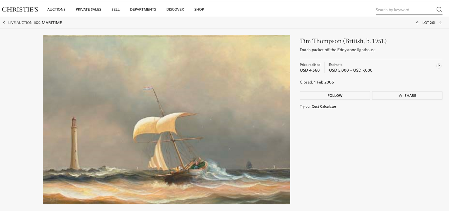 Timothy Thompson Seascape US Merchant Ship on Brittany France Coast Watercolor and Gouache Painting in Gold Frame