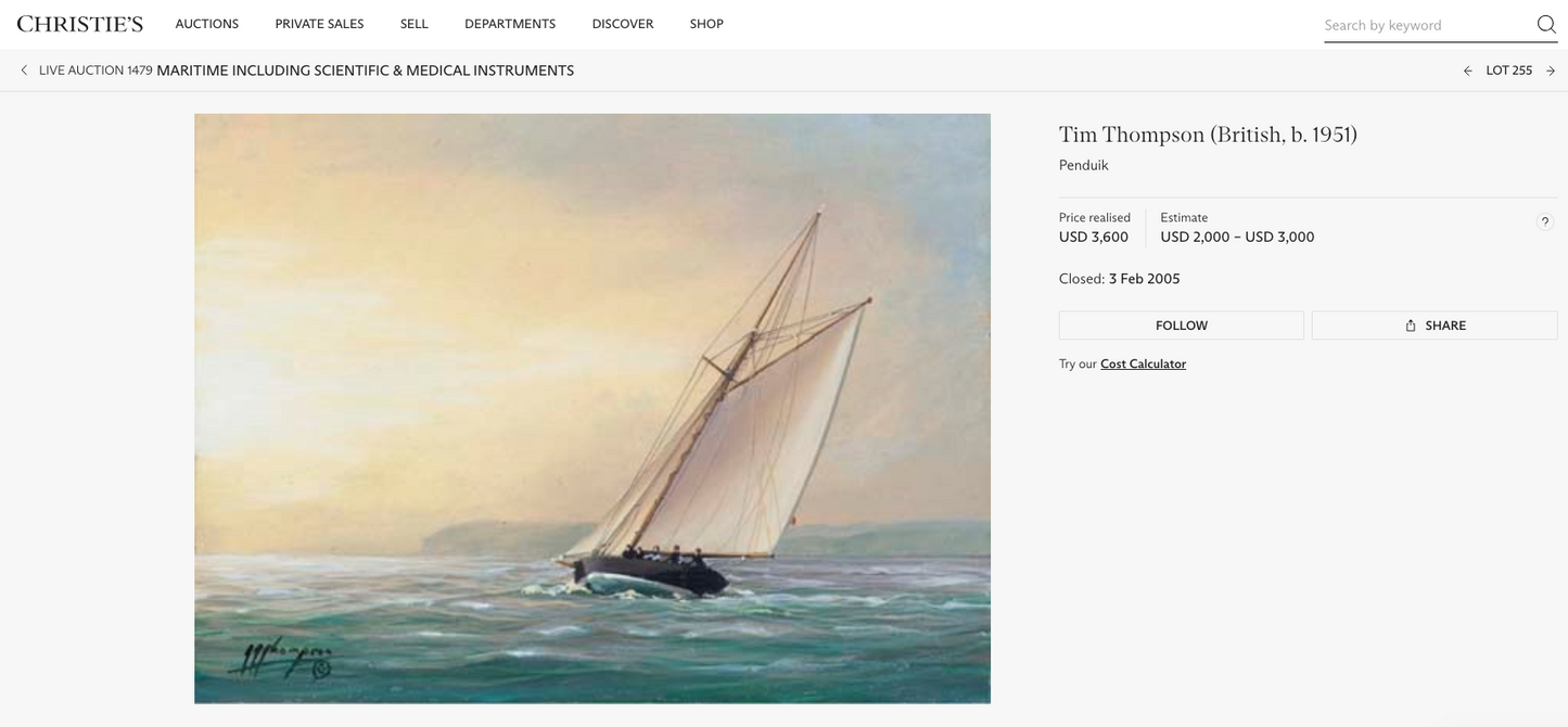 Timothy Thompson Seascape US Merchant Ship on Brittany France Coast Watercolor and Gouache Painting in Gold Frame