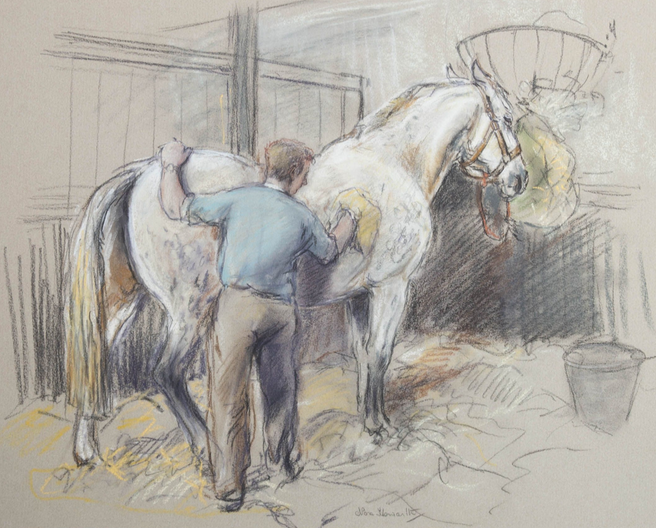 Nora Howarth Faithful Companion Horse Stable Scene Pastel in Wood Frame