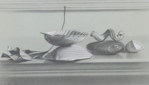 Judith Goldsmith Realist Mantelpiece I Still Life Graphite Drawing Seashells and Beach Stones in Gold Frame