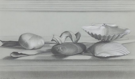 Judith Goldsmith Realist Mantelpiece II Still Life Graphite Drawing Seashells and Beach Stones in Gold Frame