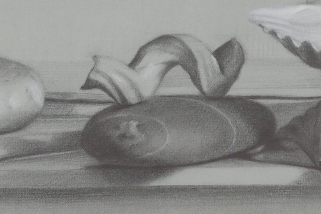 Judith Goldsmith Realist Mantelpiece II Still Life Graphite Drawing Seashells and Beach Stones in Gold Frame