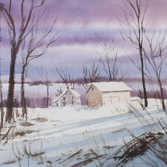Thomas Newnam Chester County Pennsylvania Landscape Purple Sky Farm House Watercolor in Gold Frame