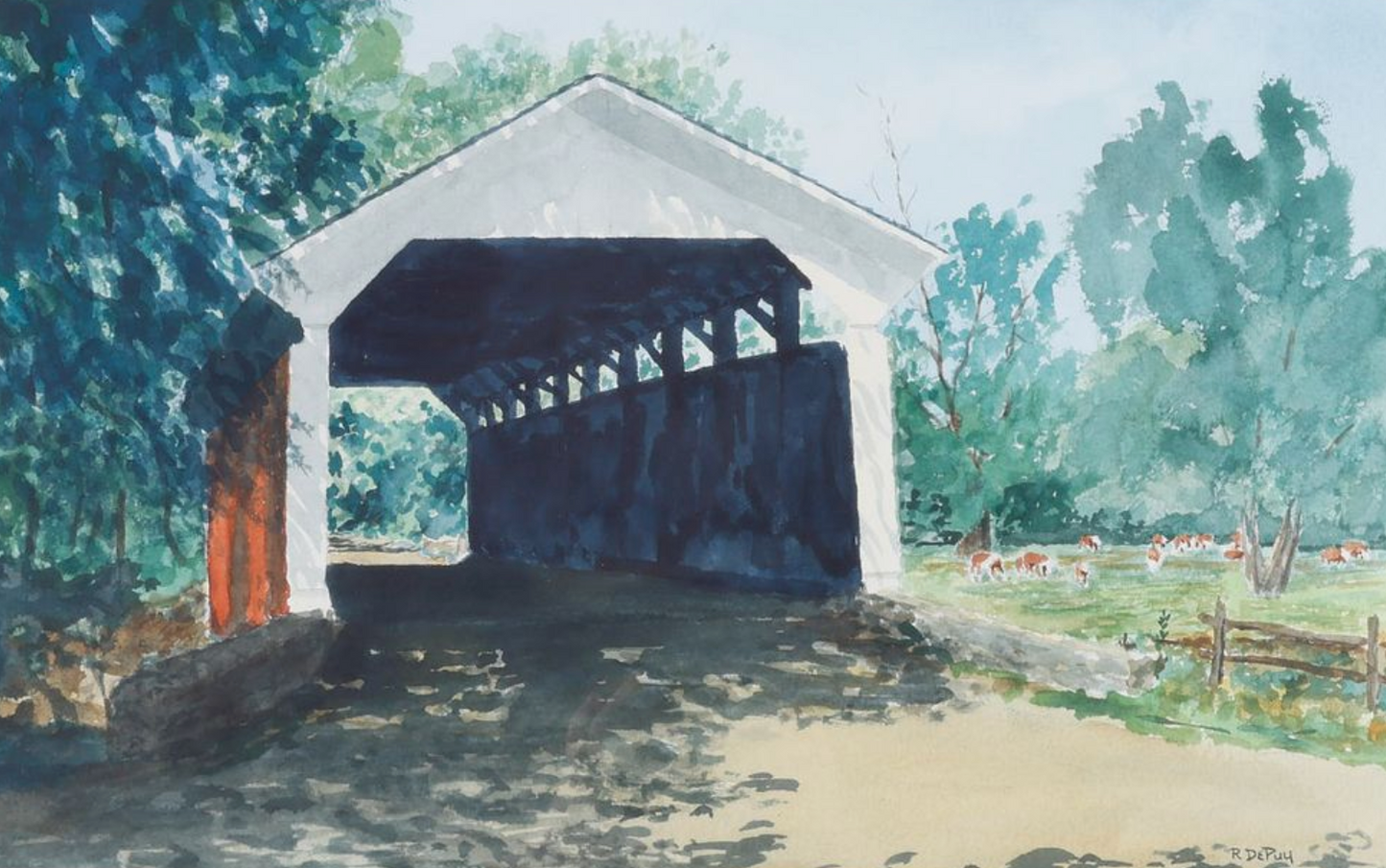 Robert DePuy Buck Run Covered Bridge with Cows in Landscape Watercolor Painting in Gold Frame