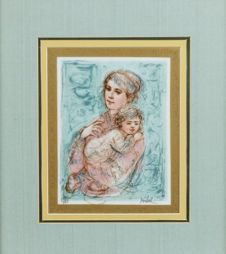 Edna Hibel Mother and Child Signed Lithograph on Porcelain in Ornate Gold Frame