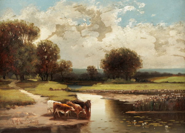 19th Century English Rural Landscape with Cows and Lilies Oil Painting in Floral Gilded Frame