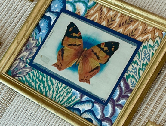 Set of Five Antique Butterfly Silks on Vintage Floral Fabric in Gold Frames