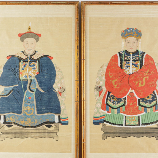 Pair of Chinese Ancestral Husband and Wife Couple Portraits on Silk in Gold Bamboo Frame