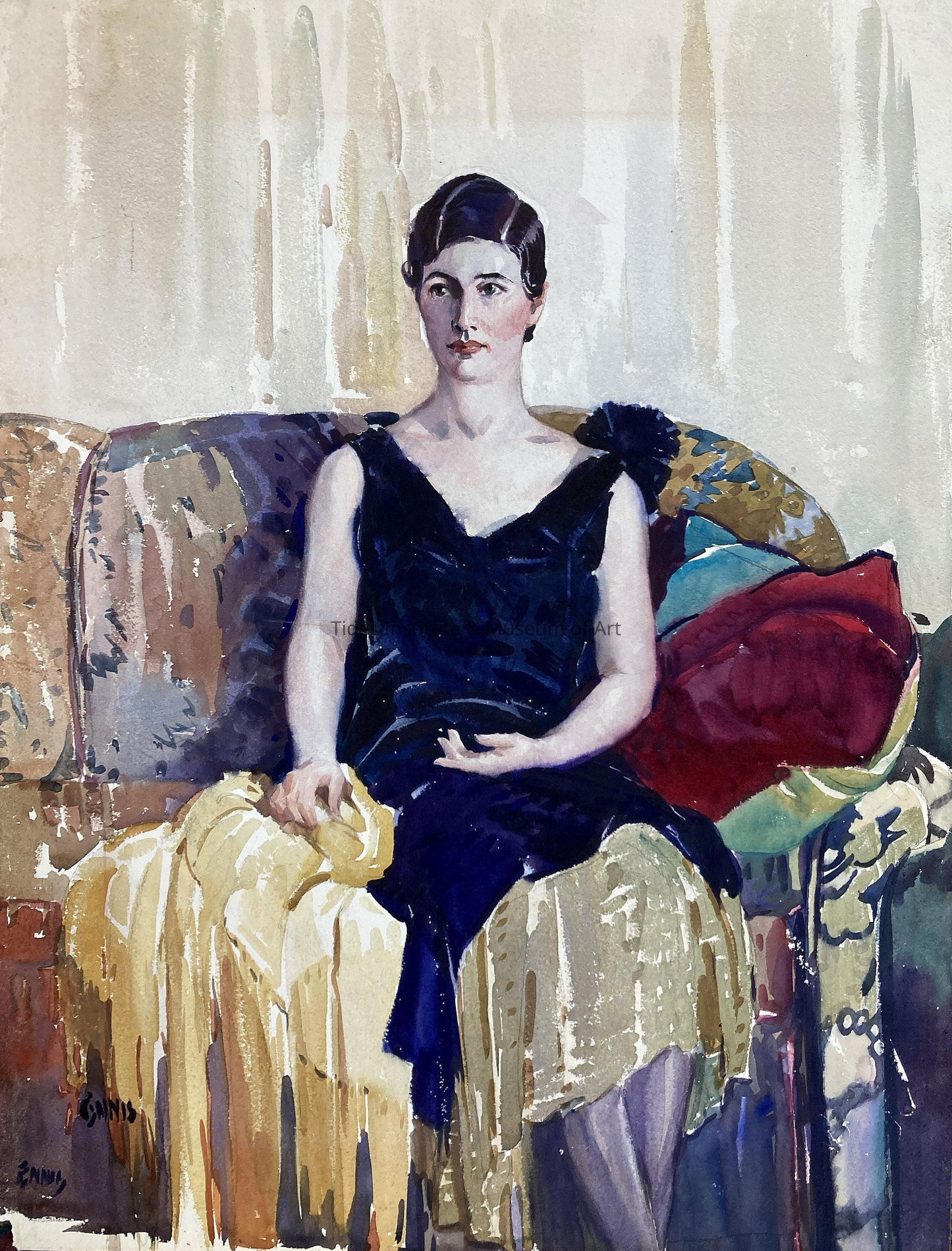 Set of Two Gladys Atwood Ennis Seascape and Landscape Drawings in Gold Frames