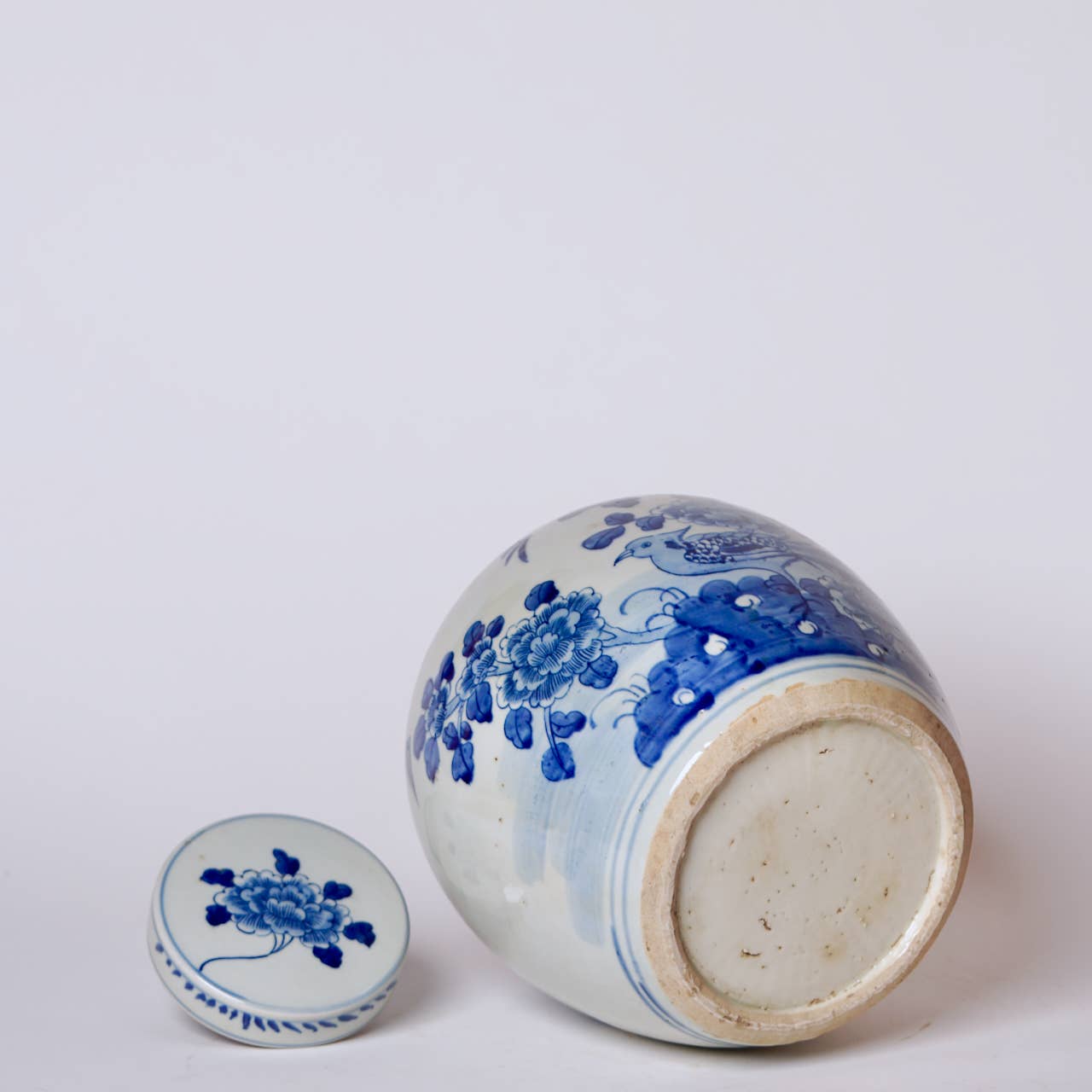 Blue & White Porcelain Bird and Flower Round Storage Jar
