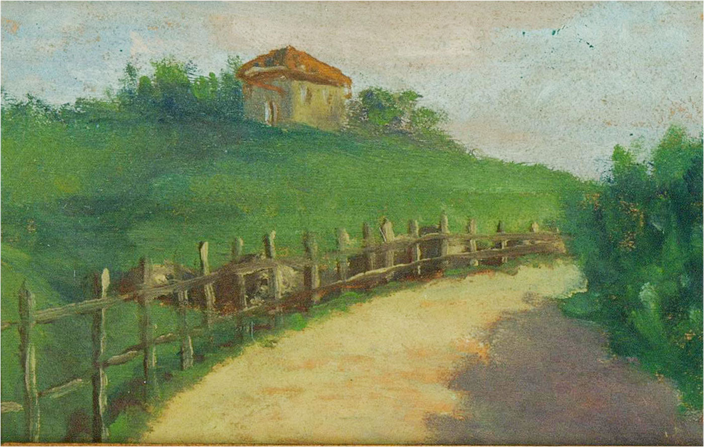 20th century Country Road Landscape Oil Painting in Velvet Mat and Carved Gold Frame