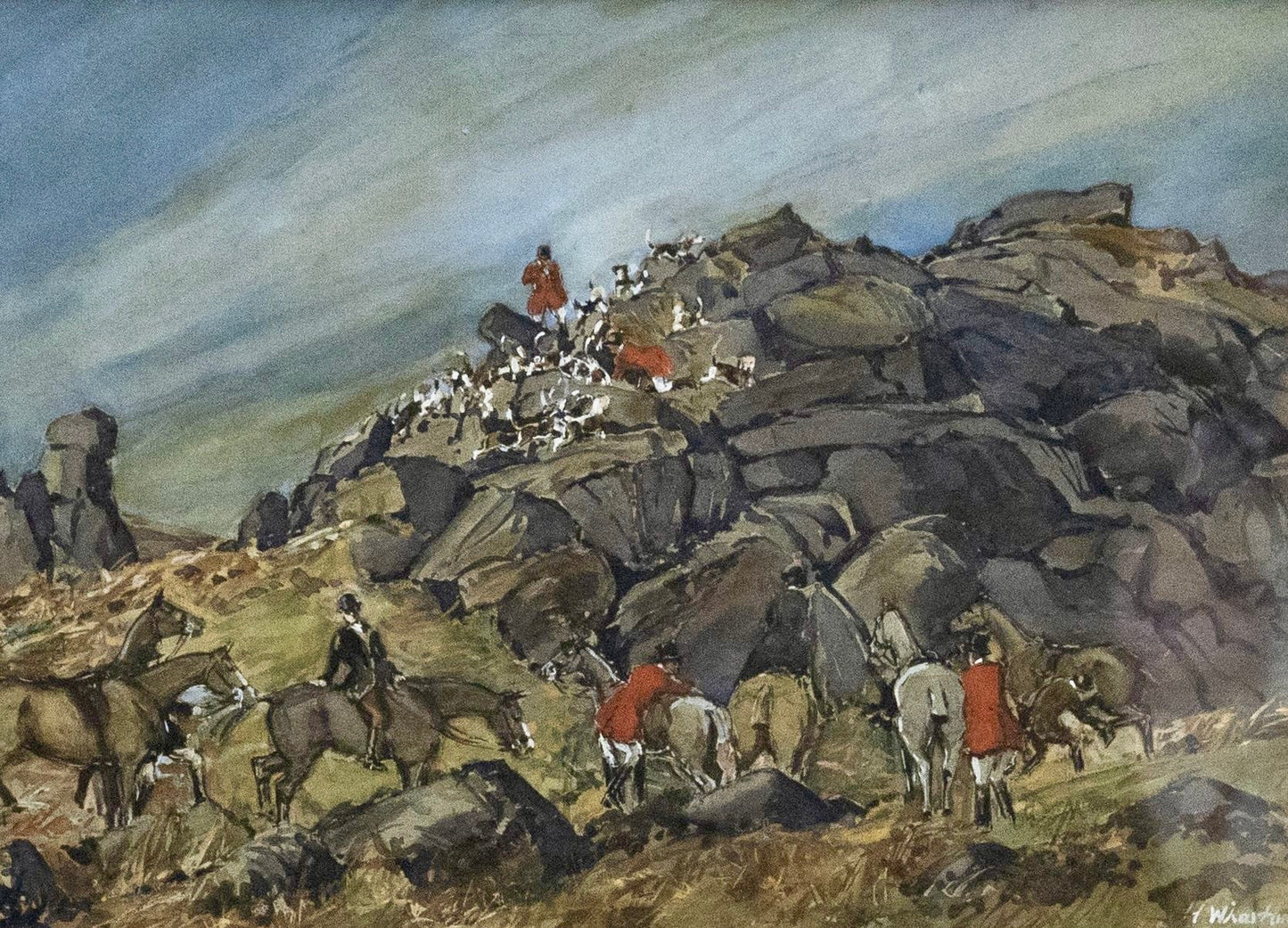 1923 The One That Got Away Fox Hunting Scene Gouache Watercolor Painting in Gilded Frame